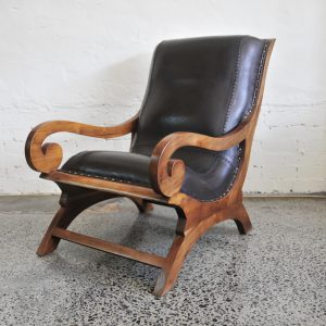 SCROLL TEAK & LEATHER ARMCHAIR